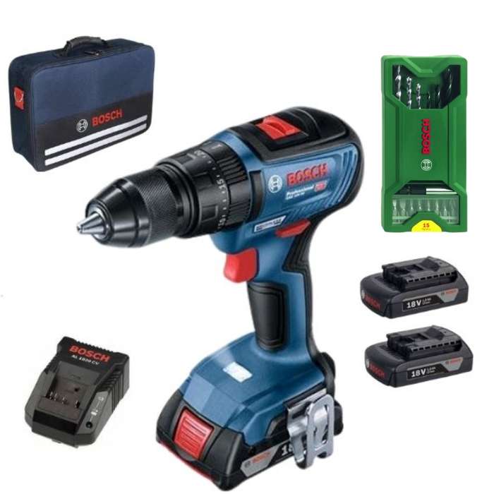 Bosch - Impact Drill Driver GSB18V-50 with 3x1.5Ah Batteries 15 piece Drill Set
