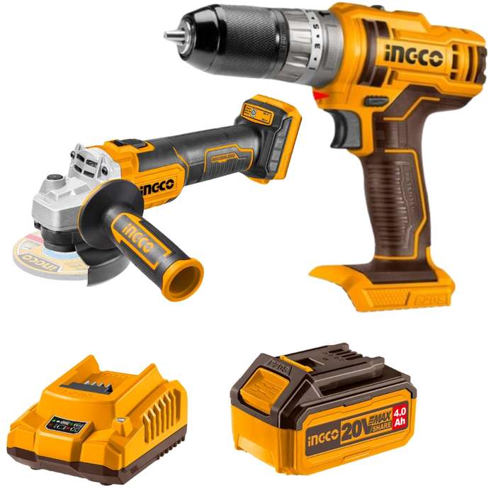 Ingco - Cordless Impact Drill and Grinder 20V with 4.0Ah Battery &amp; Charger