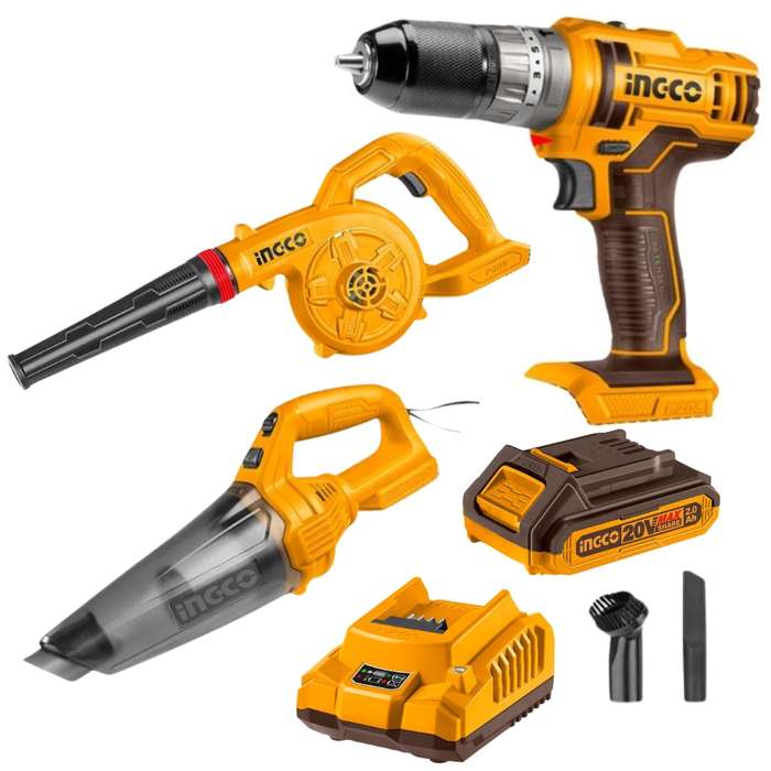 Ingco - Cordless Impact Drill, Blower &amp; Vacuum with 2.0Ah Battery &amp; Charger