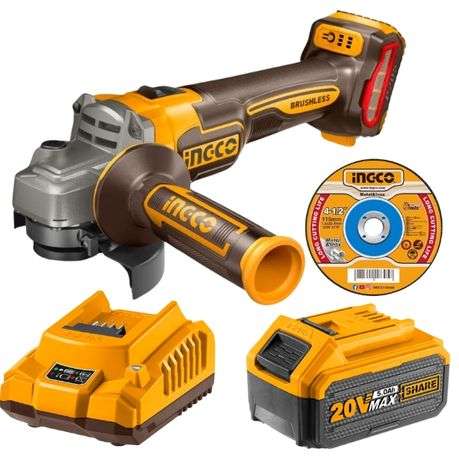 Ingco - Cordless Grinder 1200W with 5.0Ah Battery, Charger &amp; Metal Discs