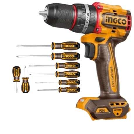 Ingco - Compact Impact Drill 66NM with Screwdriver Set 8 Pieces