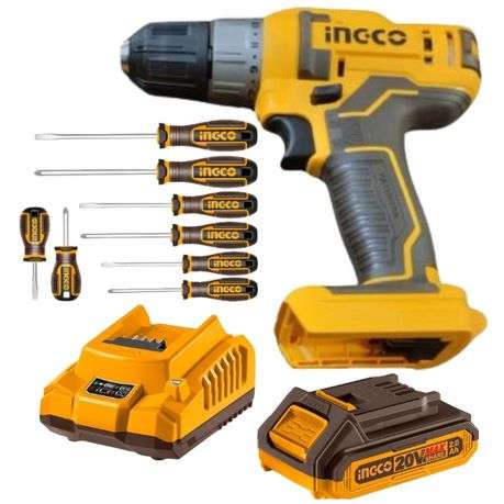 Ingco - Cordless Drill with 2.0Ah Battery and Charger with Screwdriver Set