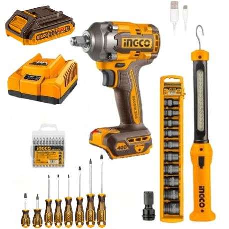 Ingco - Impact Wrench with Lamp 2x2Ah Battery, Charger &amp; Screwdriver Set