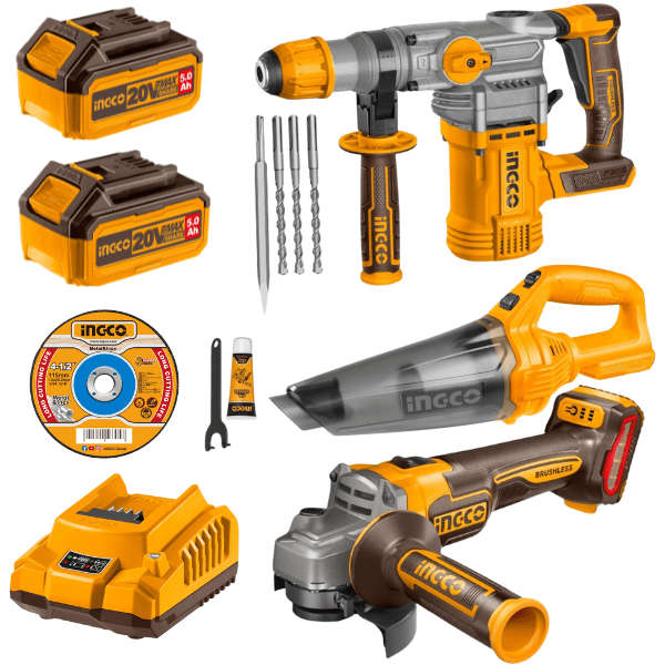 Ingco - Rotary Hammer drill, Grinder, Vacuum with 2x 5Ah Battery &amp; Charger