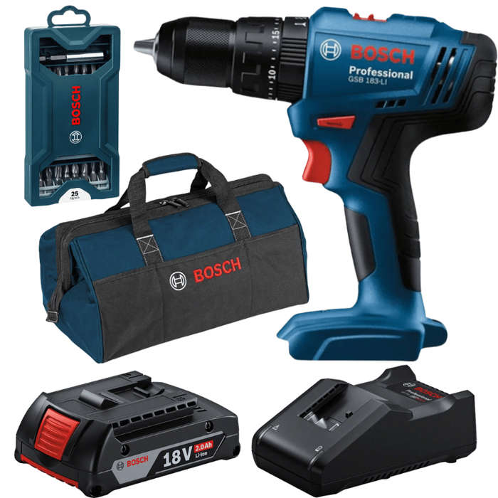 Bosch - Cordless Drill (GSB 183-LI), Charger, Battery (2Ah) &amp; 25 Piece Bits Set