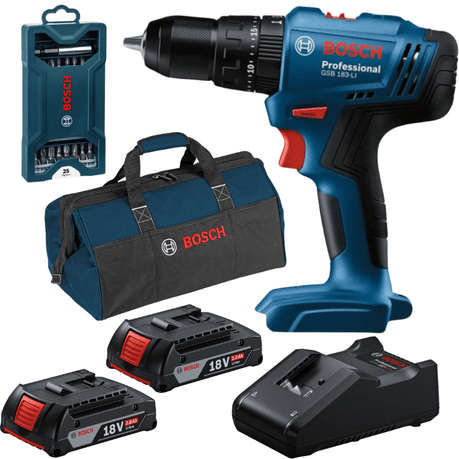 Bosch - Cordless Drill (GSB 183-LI), Charger, 2 x Batteries &amp; 25 Piece Bits Set