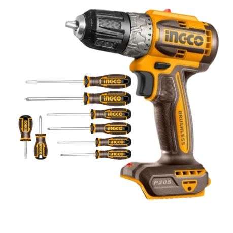 Ingco - Brushless Cordless Drill with Screwdriver Set 8 Pieces