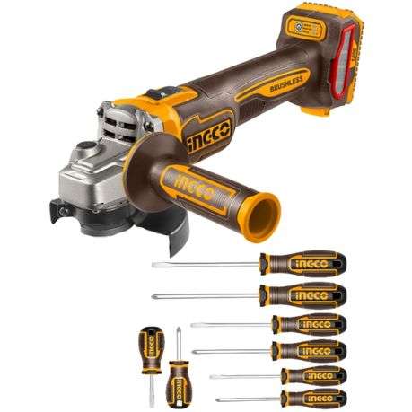Ingco - Cordless Angle Grinder (20V) with Screwdriver - 8 Piece