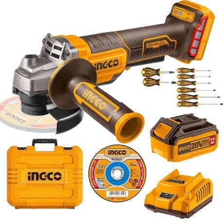 Ingco - Lithium-ion Angle Grinder Kit and Screwdriver Set - 8 Pieces