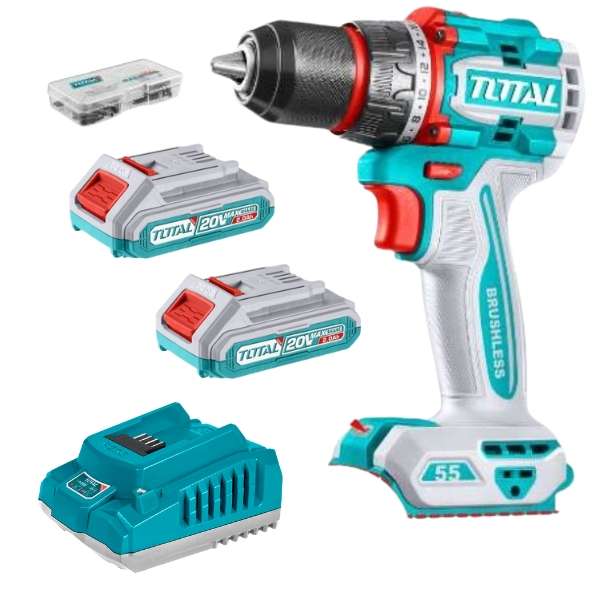 Total Tools - Cordless Drill (55Nm) with 2 x 2.0Ah Batteries, Charger &amp; Acc