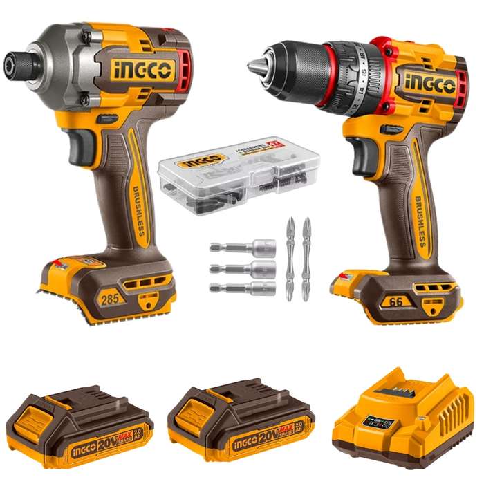Ingco - 20V Cordless Impact Drill 66Nm &amp; Driver 285Nm with Screwdriver Set