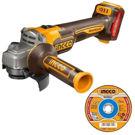 Ingco - Cordless Brushless Angle Grinder &amp; 10x Abrasive Metal Cutting Discs