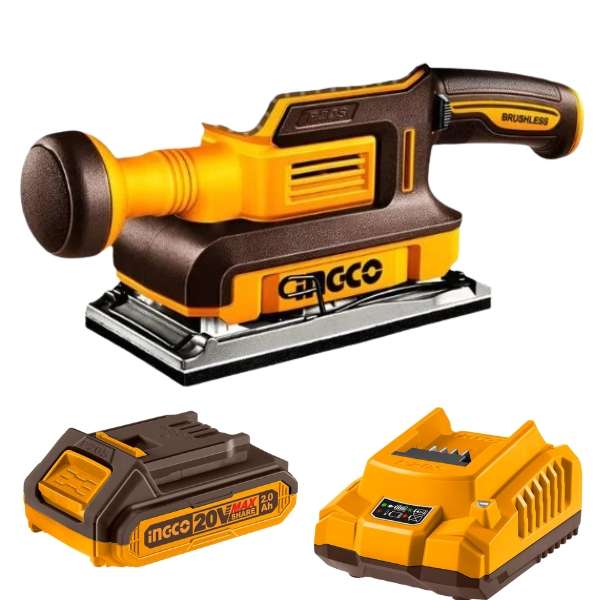 Ingco - Cordless Finishing Sander 20V with 2.0Ah Battery and Charger