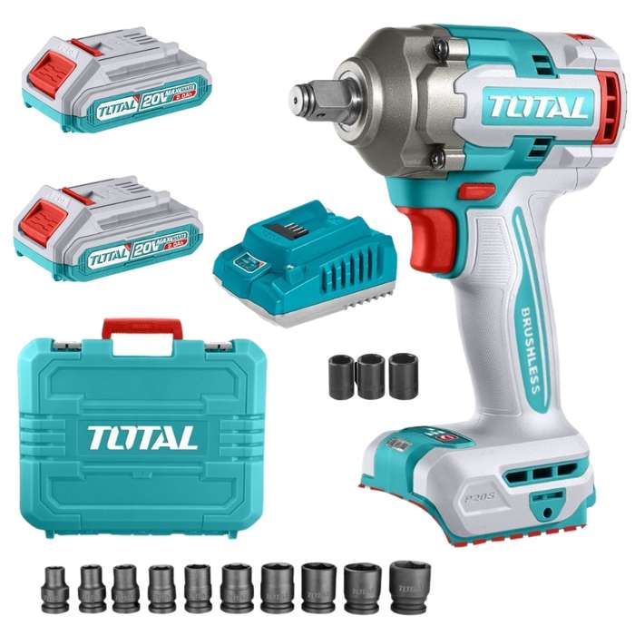 Total Tools - Cordless Wrench with 2x Battery, Charger &amp; 10Pc Socket Set
