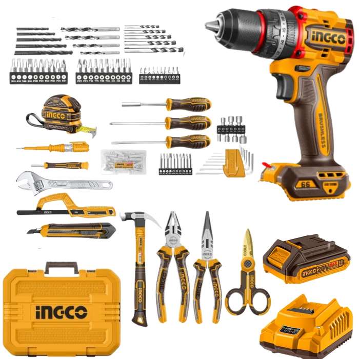 Ingco - Cordless Impact Drill &amp; Complete Hand Tools Set - 165 Piece