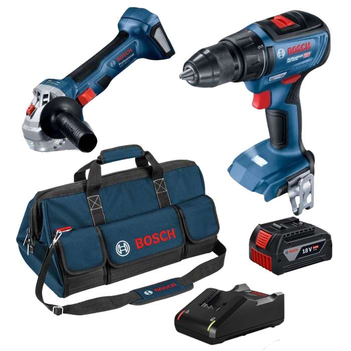 Bosch - Cordless Drill and Angle Grinder with 4Ah Battery, Charger &amp; Bag