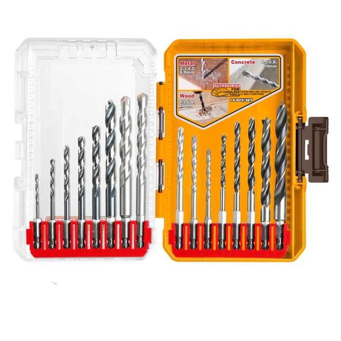 Ingco - Drill Bit Set - Metal, Concrete &amp; Wood - 16 Pieces