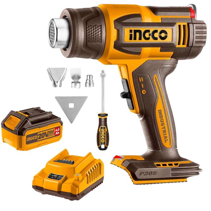 Ingco - Cordless Heat Gun with LCD Display with 4.0Ah Battery &amp; Charger