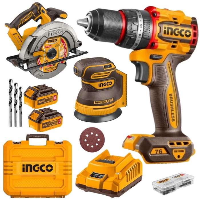Ingco - Cordless Drill, Circular Saw &amp; Orbital Sander Kit incl Accessories