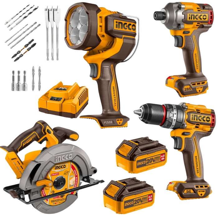 Ingco - Impact Drill, Impact Driver, Circular Saw &amp; Work Lamp Combo - 20V