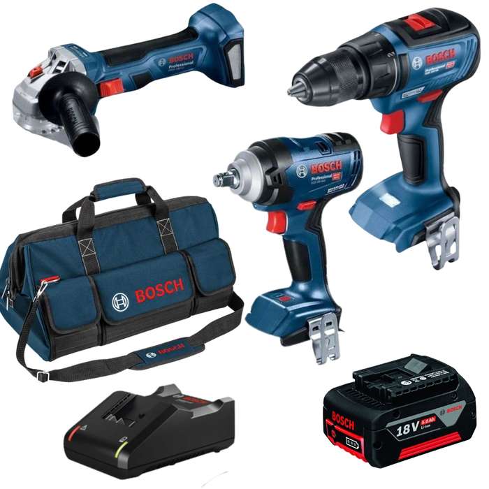 Bosch - Cordless Impact Drill, Impact Wrench, and Angle Grinder in Toolbag