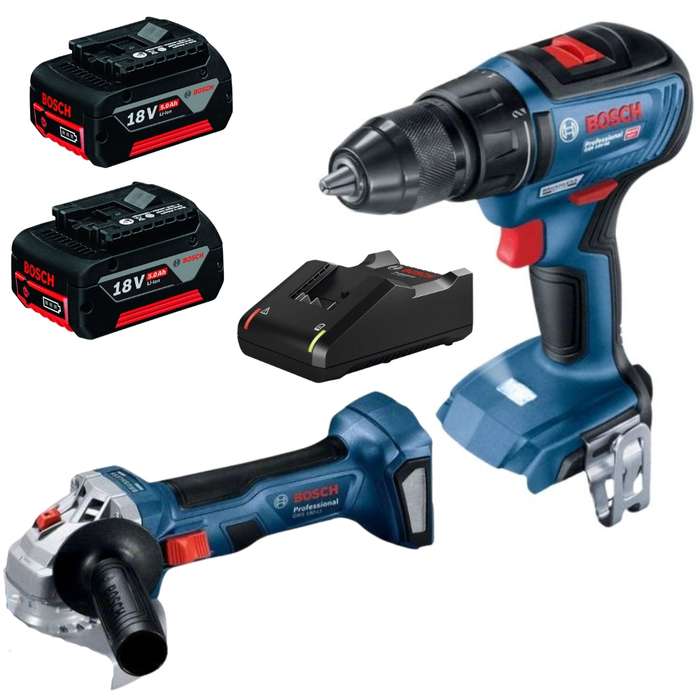 Bosch - Cordless Drill, Angle Grinder, 2x 4.0Ah Battery, Charger &amp; Toolbag