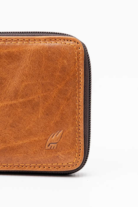 Camel Mountain Genuine Leather Zip Around Tri-Fold Wallet Brown