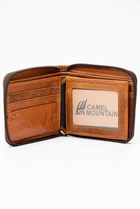 Camel Mountain Genuine Leather Zip Around Tri-Fold Wallet Brown