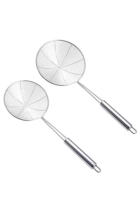 Stainless Steel Round Base Spiral Wire Skimmer Ladle 2 Piece Set
