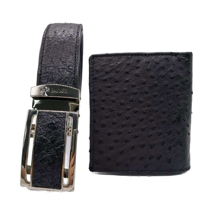 Luxury Genuine Crocodile Belly Leather Belt & Wallet Set  Black