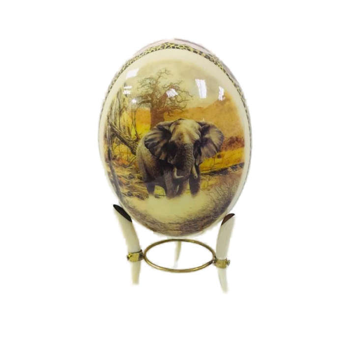 Ostrich Egg Tusk Stand with Decorated Ostrich Egg