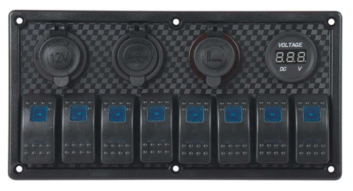 Switch Panel - 8 Gang - Cigarette Lighter Socket + USB + Volt Meter