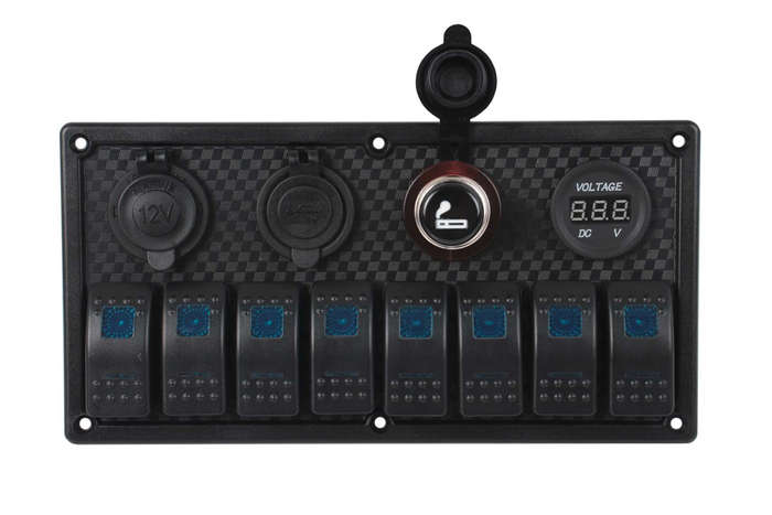 Switch Panel - 8 Gang - Cigarette Lighter Socket + USB + Volt Meter