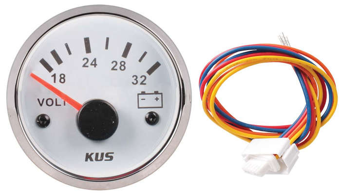 Kus Volt Gauge - 24V - 52mm - White Face with Silver Bezel