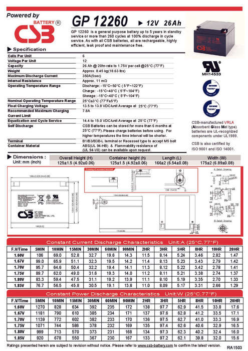 BW063  GP VB - GP Battery (Second Stock) Sealed  Lead Acid  12V 26A