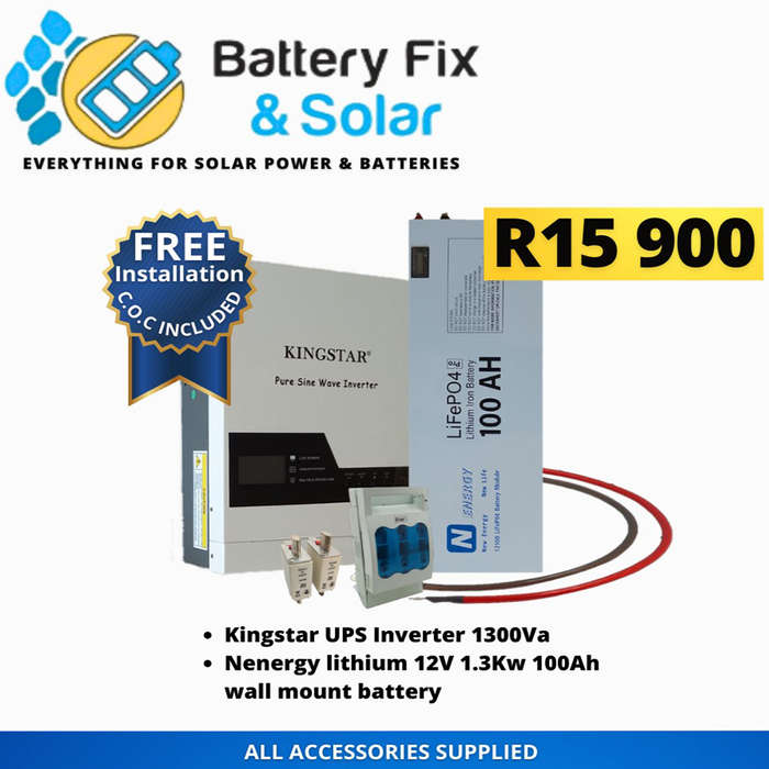 SD0001-Kingstar Backup Power Kit. 1300VA/1000W 12V Inverter. 1x 12V 100Ah Lithium Ba + installation.