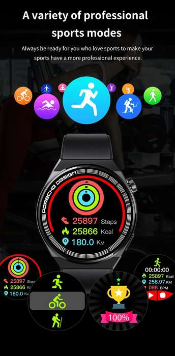 Smart Watch GT8 Porsche Design Bluetooth Call Heart Rate Fitness Tracker Black