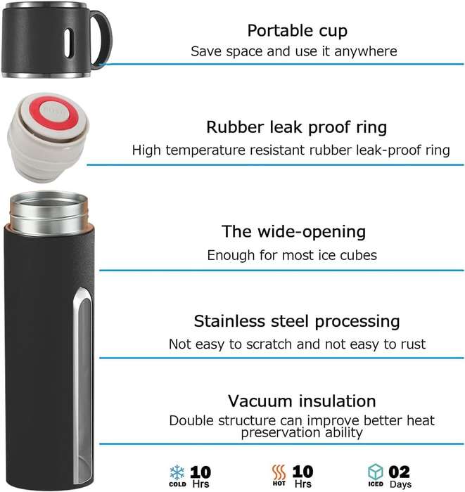 Thermos Vacuum Double Wall Of Stainless Steel Flask Set With 3 Cups 500ml
