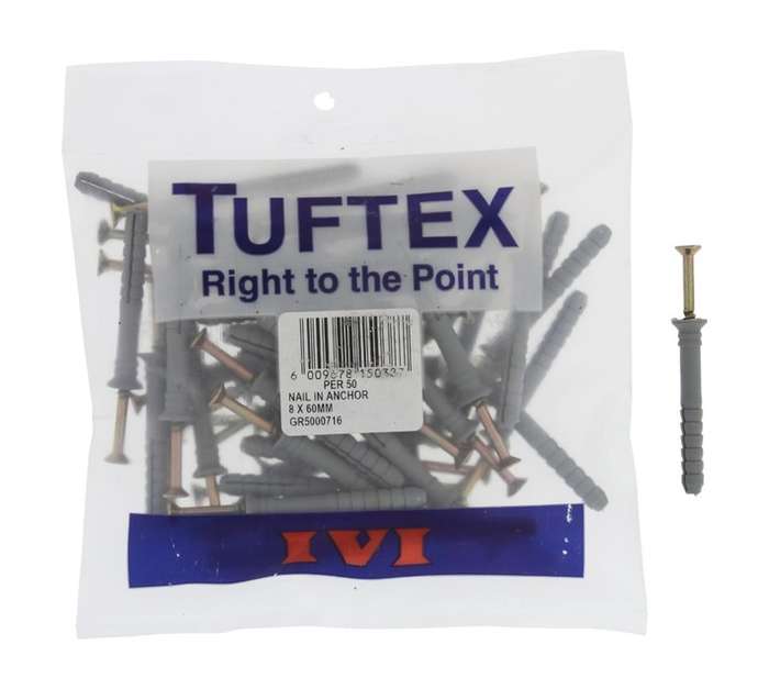 Tuftex 50 x Nylon Nail In Anchors (60 x 8mm)