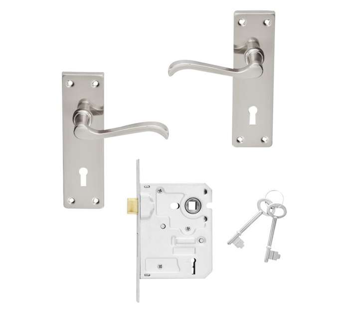 Mackie Victorian Handle Straight Plated Scroll Pro Series 2 Lever Satin Nickel Lock Set (250 x 16...