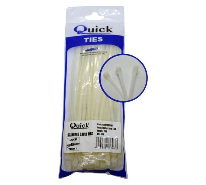 Quick Ties Cable Ties - White (3.6 x 200mm)