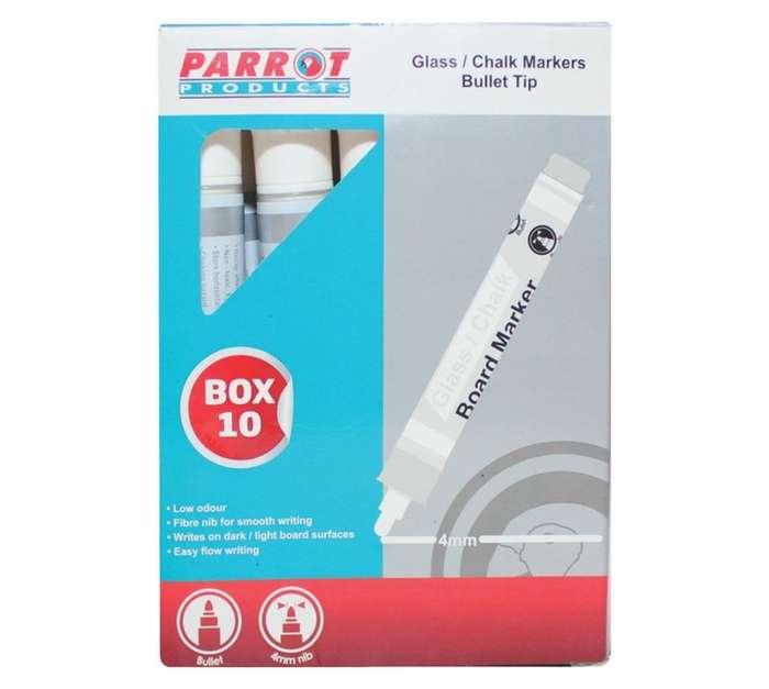 Parrot Products PC1001A 10 x Glass/Chalk Board Markers - White