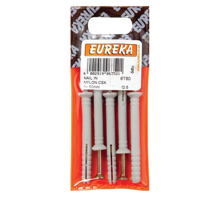 Eureka 5 x Countersunk Nylon Nail In Anchors (6 x 60mm)