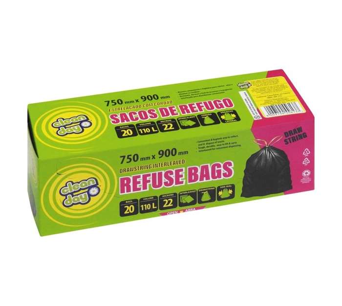 Clean Day 20 x Draw String Refuse Bags - Black (110L)