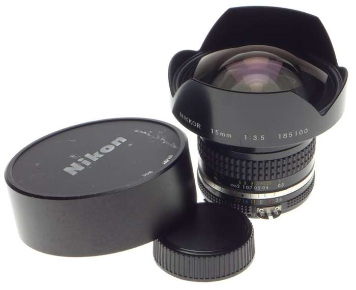 USED NIKKOR 15mm 1:3.5 ULTRA WIDE ANGLE NIKON LENS F=15mm 3.5/15 CAPS FILTER