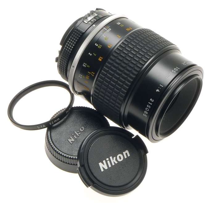 MICRO-NIKKOR 105mm 1:4 FILTER CAPS HOOD 4/105mm MINT SLR 35mm BLACK CAMERA LENS