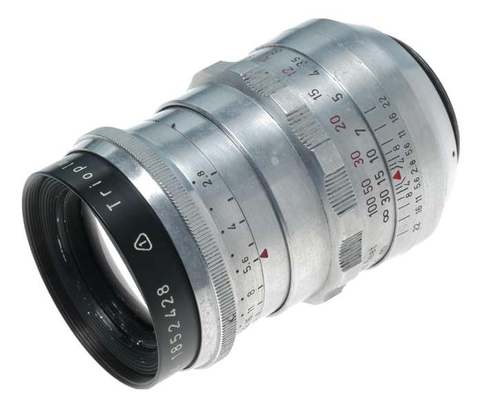 Trioplan 1:2.8/100 red V f=100mm prime f/3.5 chrome hood clean M42