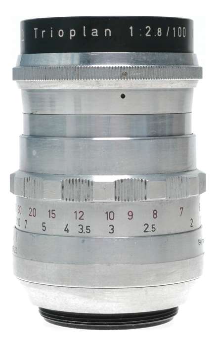 Trioplan 1:2.8/100 red V f=100mm prime f/3.5 chrome hood clean M42