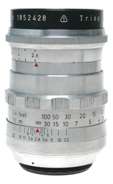 Trioplan 1:2.8/100 red V f=100mm prime f/3.5 chrome hood clean M42