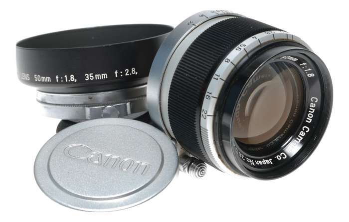 Canon lens 50mm 1:1.8 RF coupled M39 LTM Leica screw mount 1.8/50 hood set